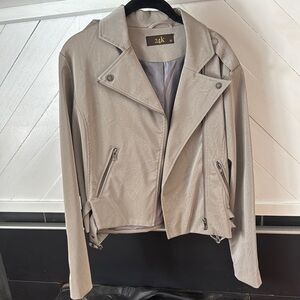 Cream Leather Motorcycle Jacket with Asymmetrical Zipper and Notched Lapel